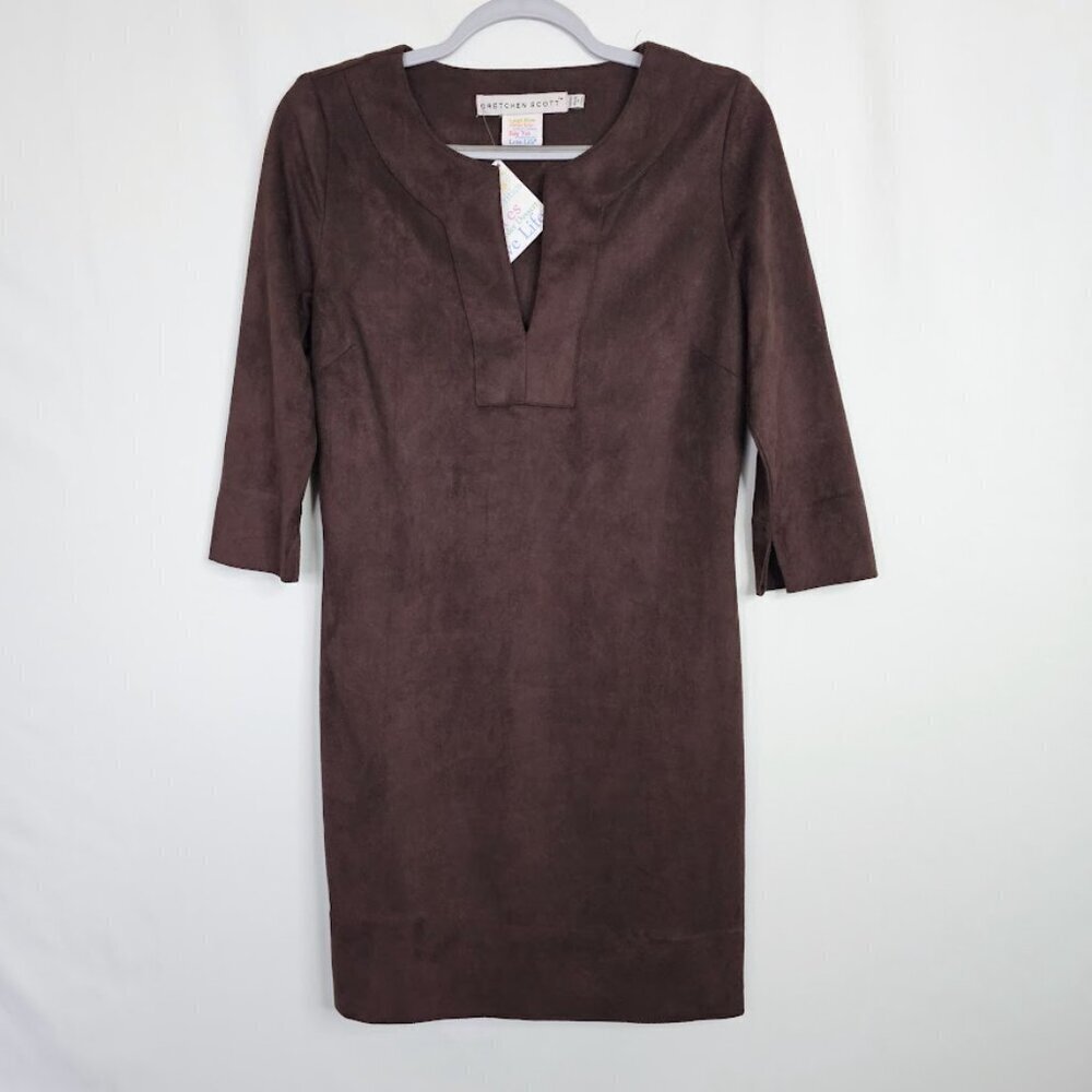 NWT GRETCHEN SCOTT Split Neck Tunic Dress size XXS 0 2 CHOCOLATE BROWN V-Neck - Picture 2 of 8